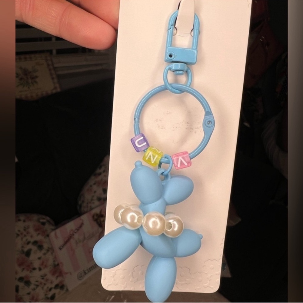 Baby Blue Balloon Dog Keychain with Pearl Accents